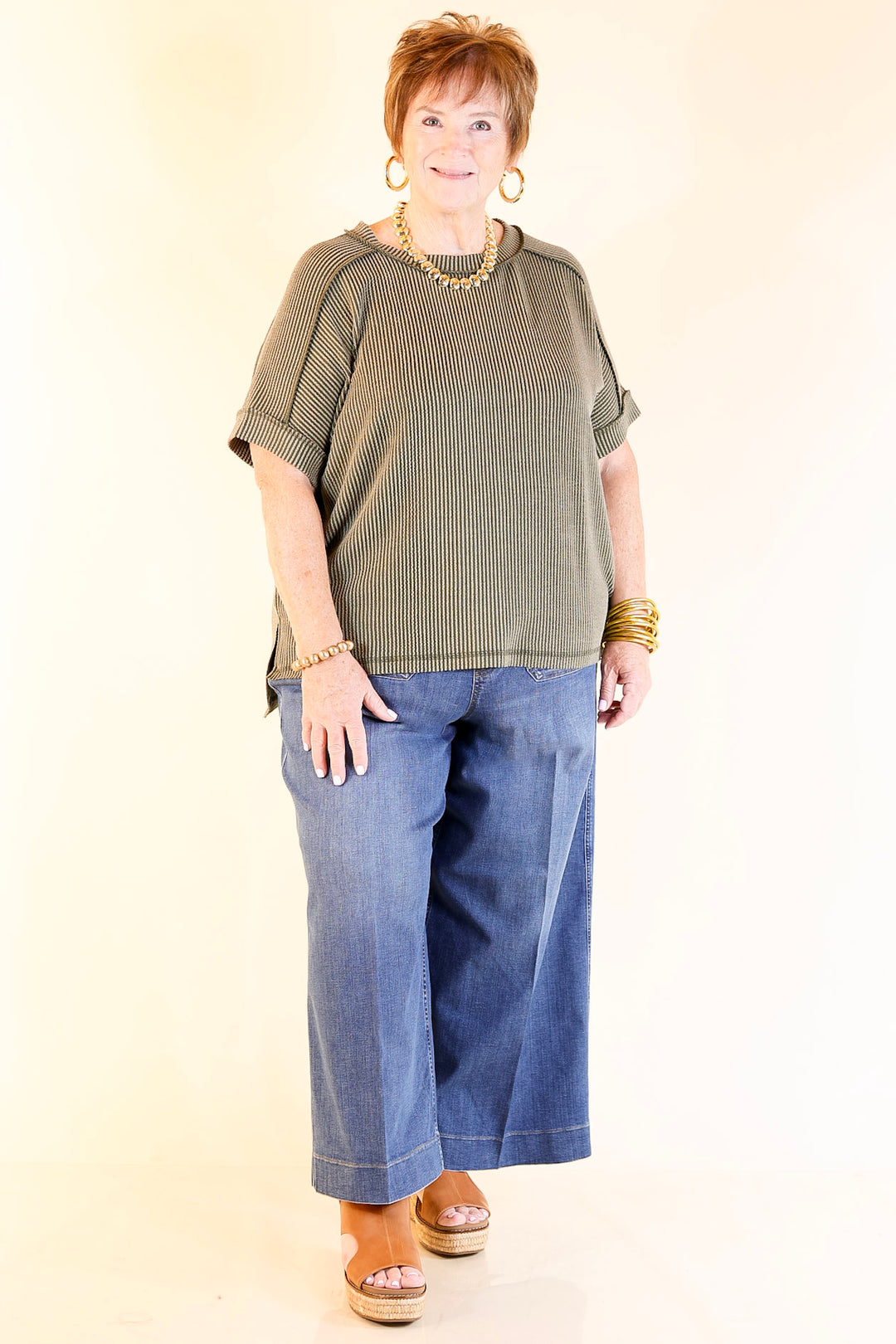 Daily Perfection Scoop Neck Short Sleeve Ribbed Top in Olive Green