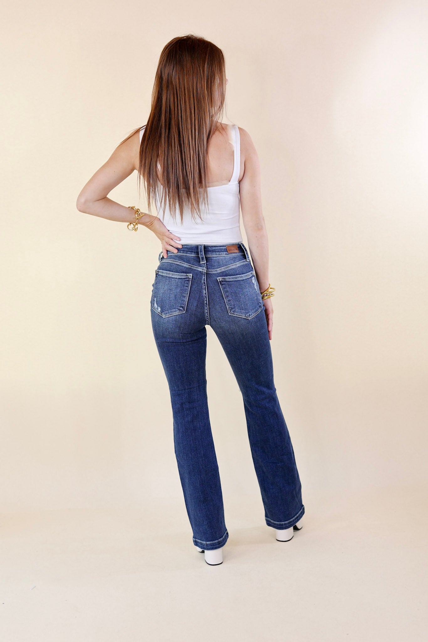 Judy Blue | Mostly Magic Distressed Bootcut Jeans in Dark Wash