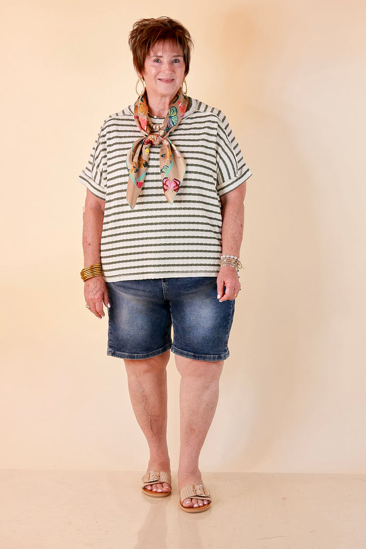 On The Daily Scoop Neck Short Sleeve Striped Textured Top in Olive Green