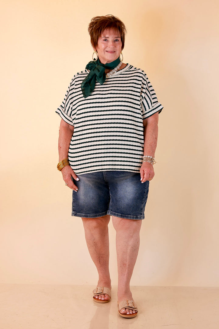 On The Daily Scoop Neck Short Sleeve Striped Textured Top in Hunter Green