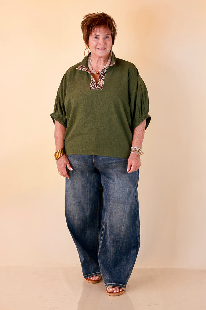 Naturally Chic Textured Poncho Top with Leopard Trim Details and Dolman Sleeves in Olive Green