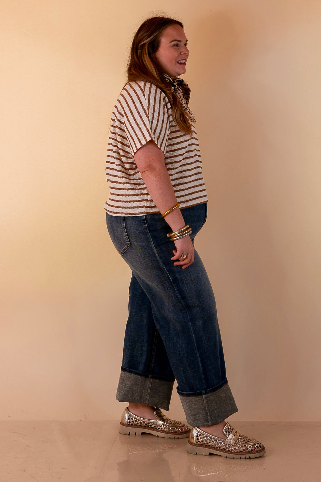Simply Said Striped Drop Shoulder Collared Cropped Top in Ivory with Camel Brown Stripes