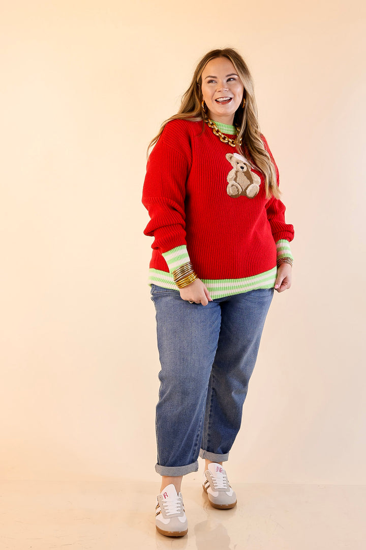 Simply Southern | Beary Merry Crewneck Sweater with Teddy Bear Graphic and Green Trim in Red