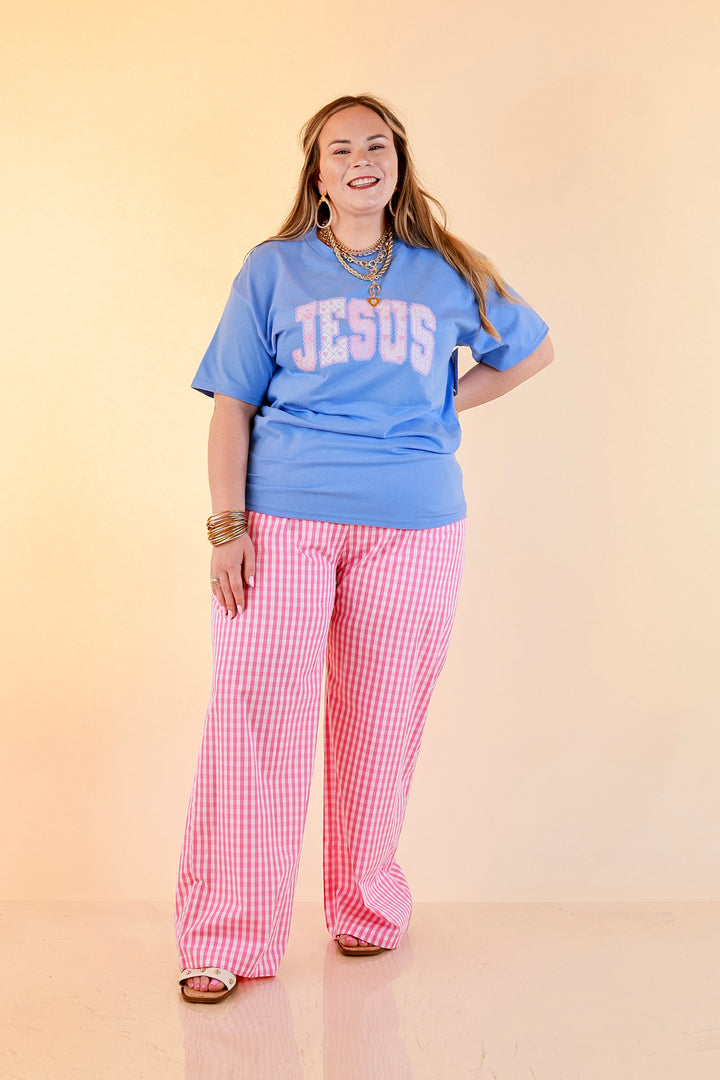 Faith in Full Bloom "Jesus" Print Short Sleeve Graphic Tee in Periwinkle Blue