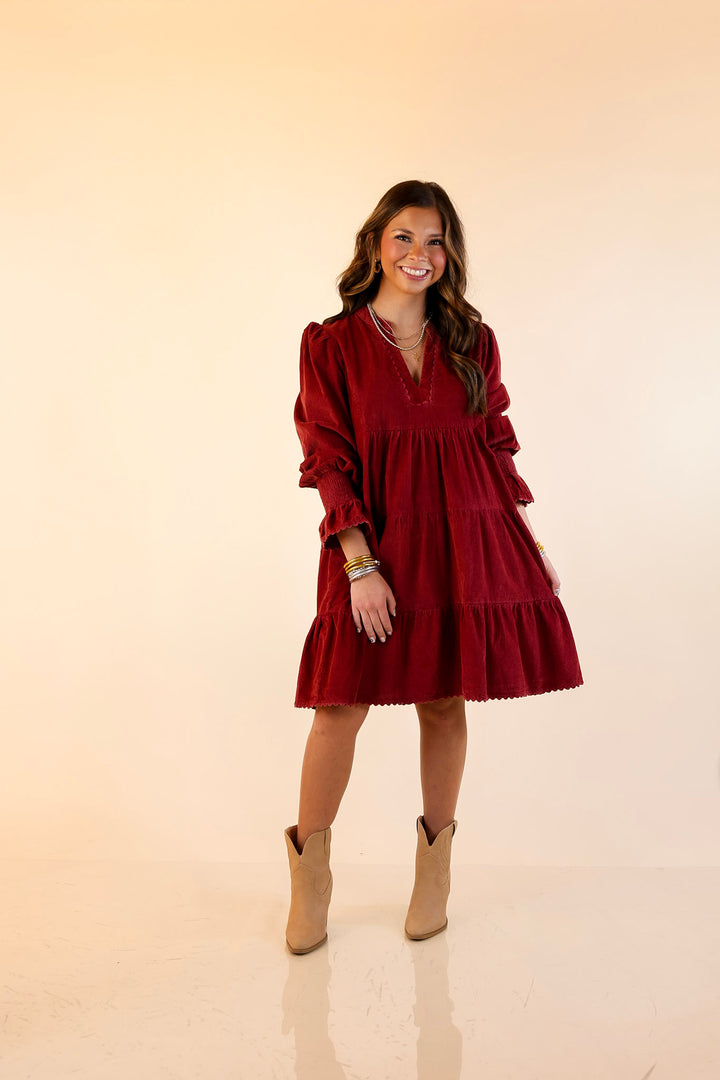 Simply Southern | Made for Today Long Sleeve Tiered Corduroy Dress in Burgundy