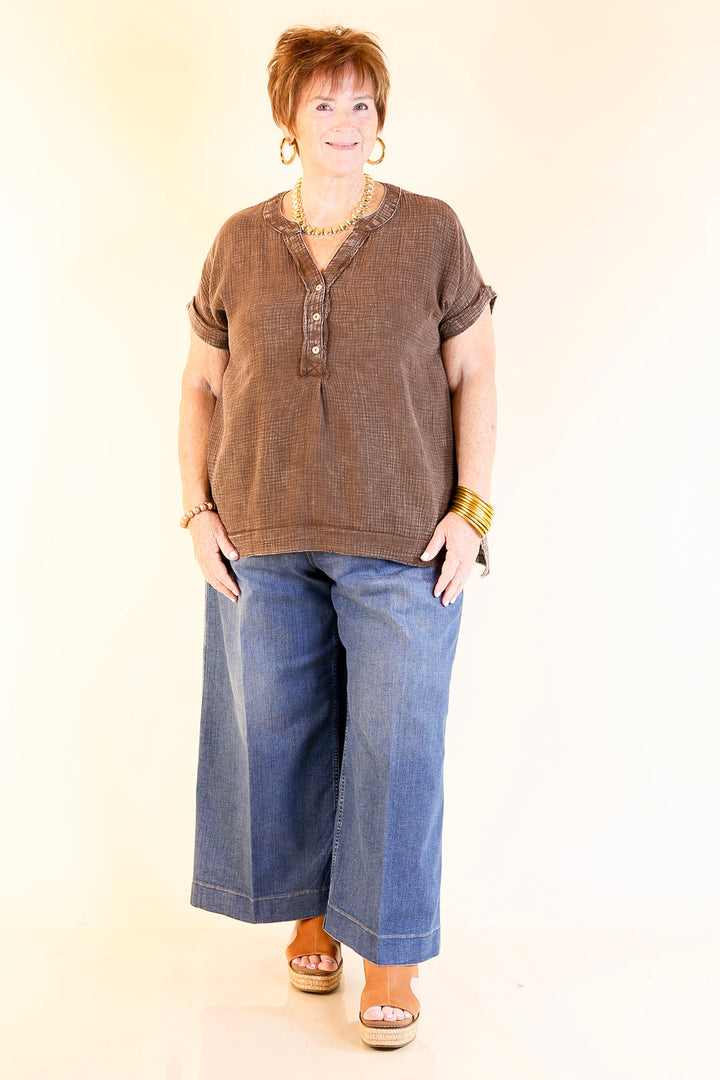 Simple Statement Quarter Button Up Short Drop Sleeve Shirt in Brown