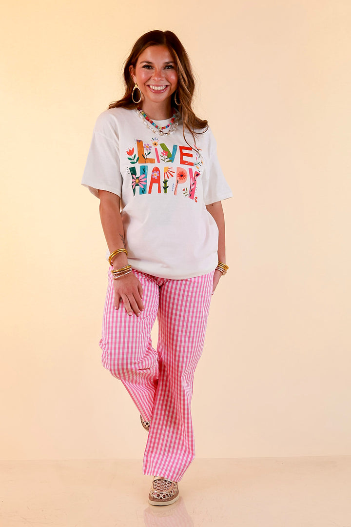 Happiness on Repeat "Live Happy" Floral Print Short Sleeve Graphic Tee in White