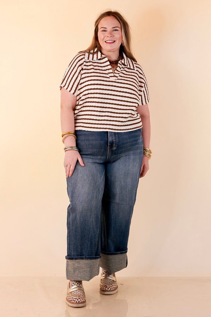 Simply Said Striped Drop Shoulder Collared Cropped Top in Ivory with Chocolate Brown Stripes