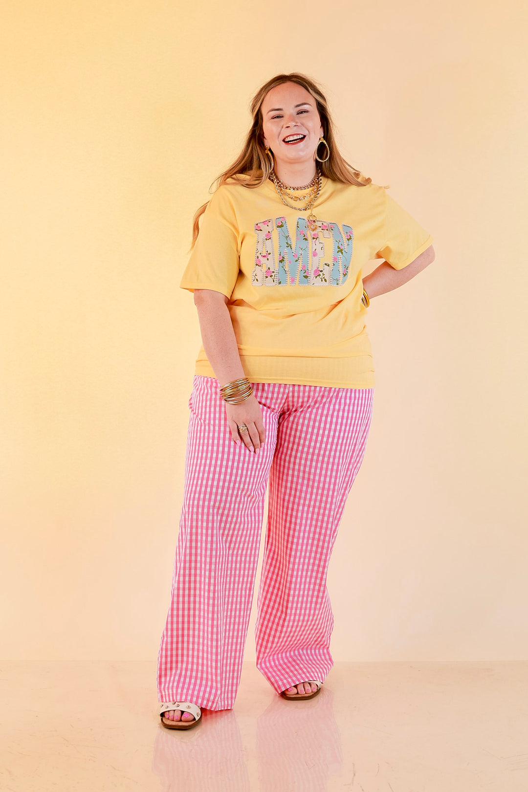 Heaven Sent "Amen" Floral and Pearl Print Short Sleeve Graphic Tee in Butter Yellow