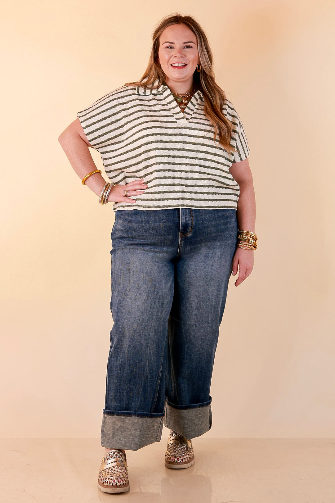 Simply Said Striped Drop Shoulder Collared Cropped Top in Ivory with Olive Green Stripes