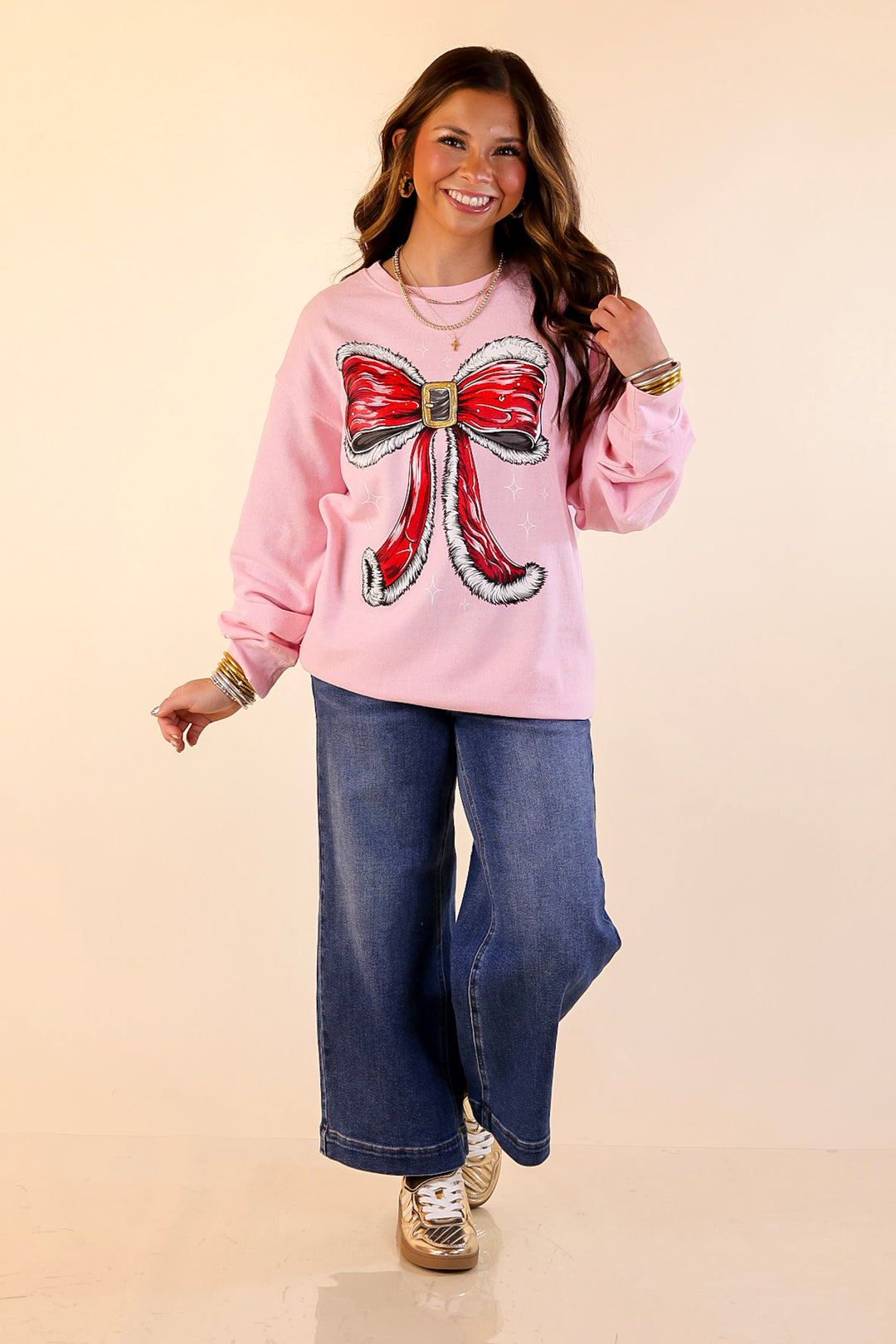 Simply Southern | Wrapped in Joy Santa's Suit Bow Graphic Crewneck Sweatshirt in Tutu Pink