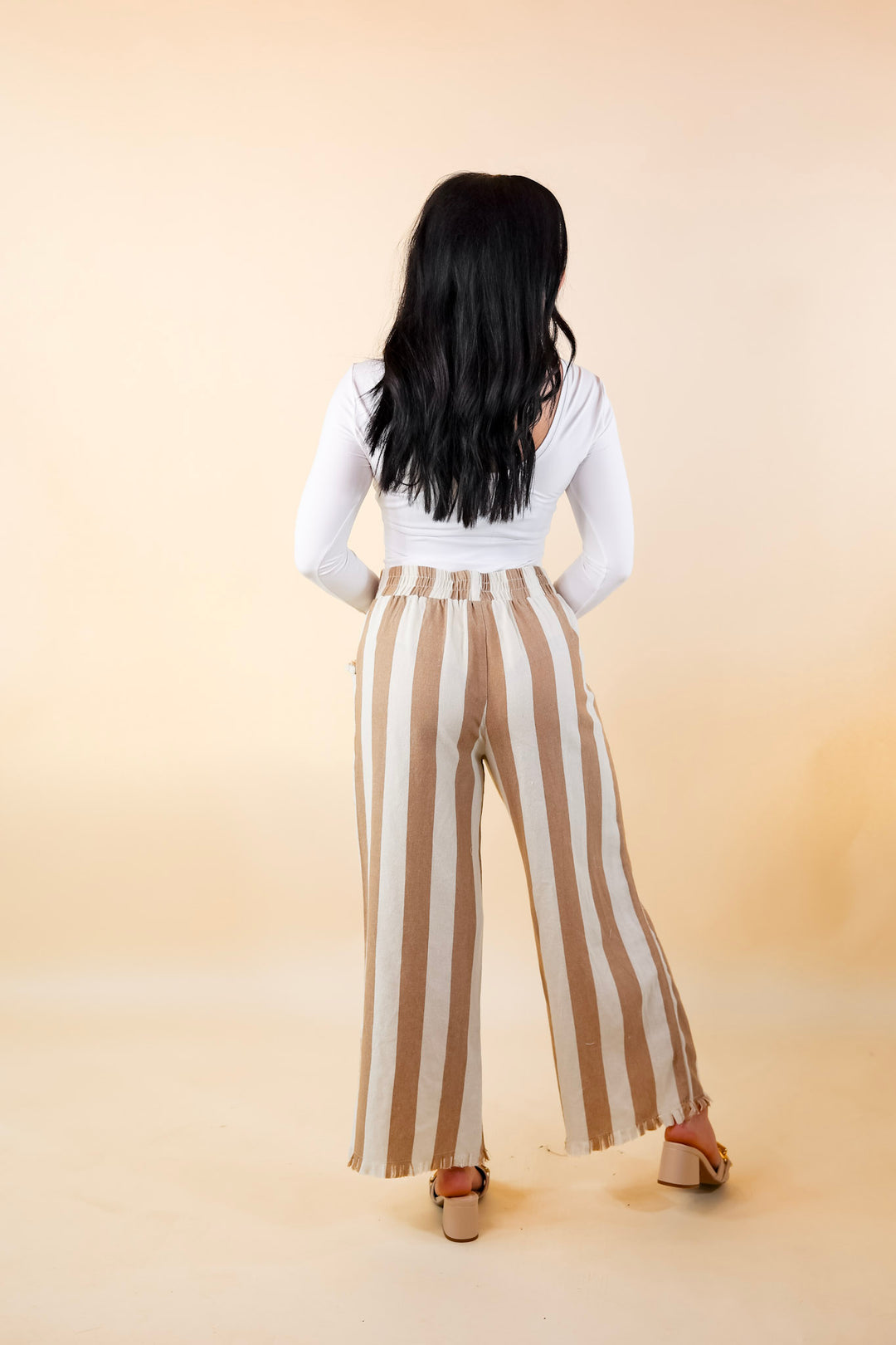 Right On Cue Elastic Waistband Striped Cropped Pants with Frayed Hem in Taupe - Giddy Up Glamour Boutique
