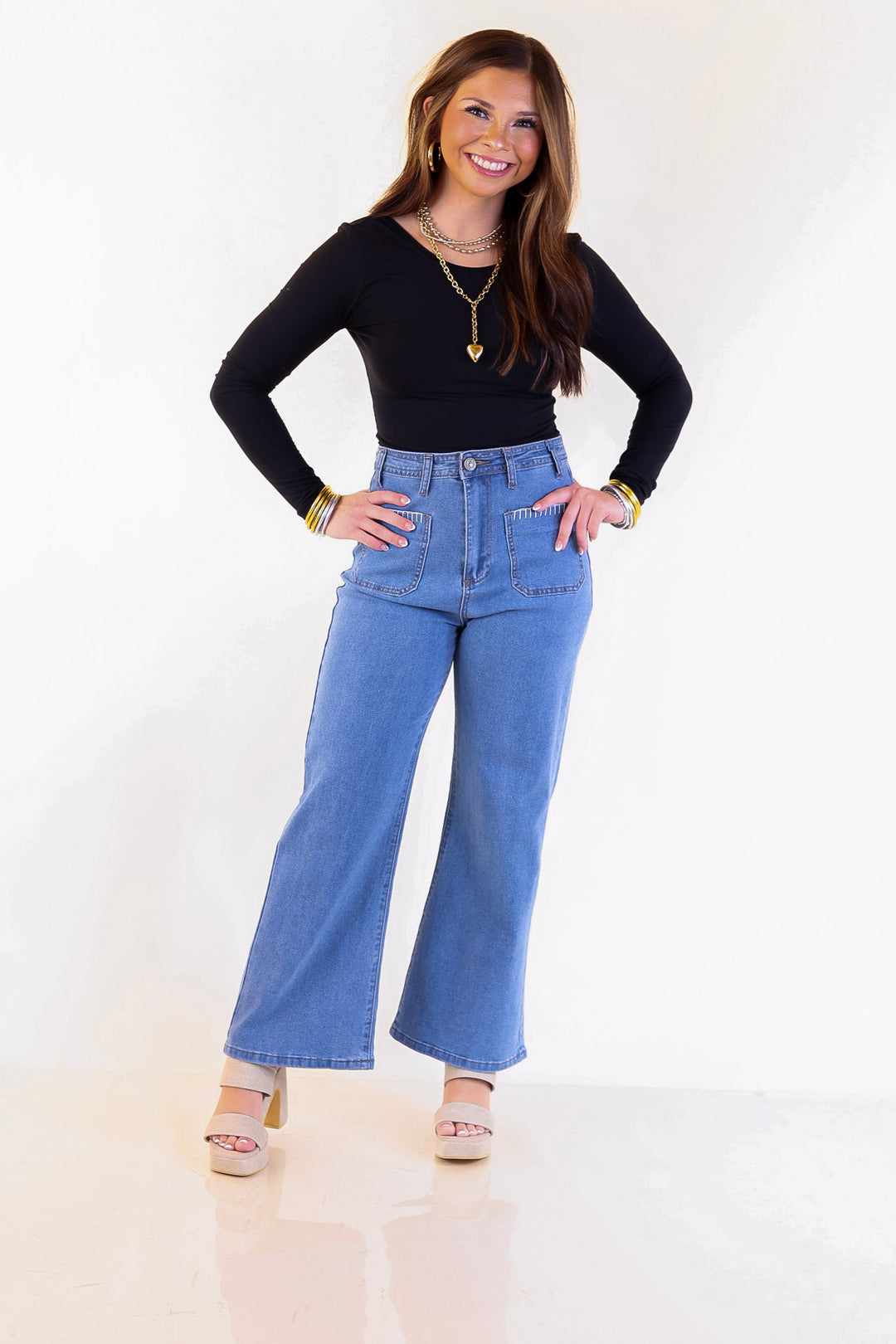Patch Me In Denim Wide Leg Cropped Jean with Front Patch Pocket and Crochet Trim in Medium Wash