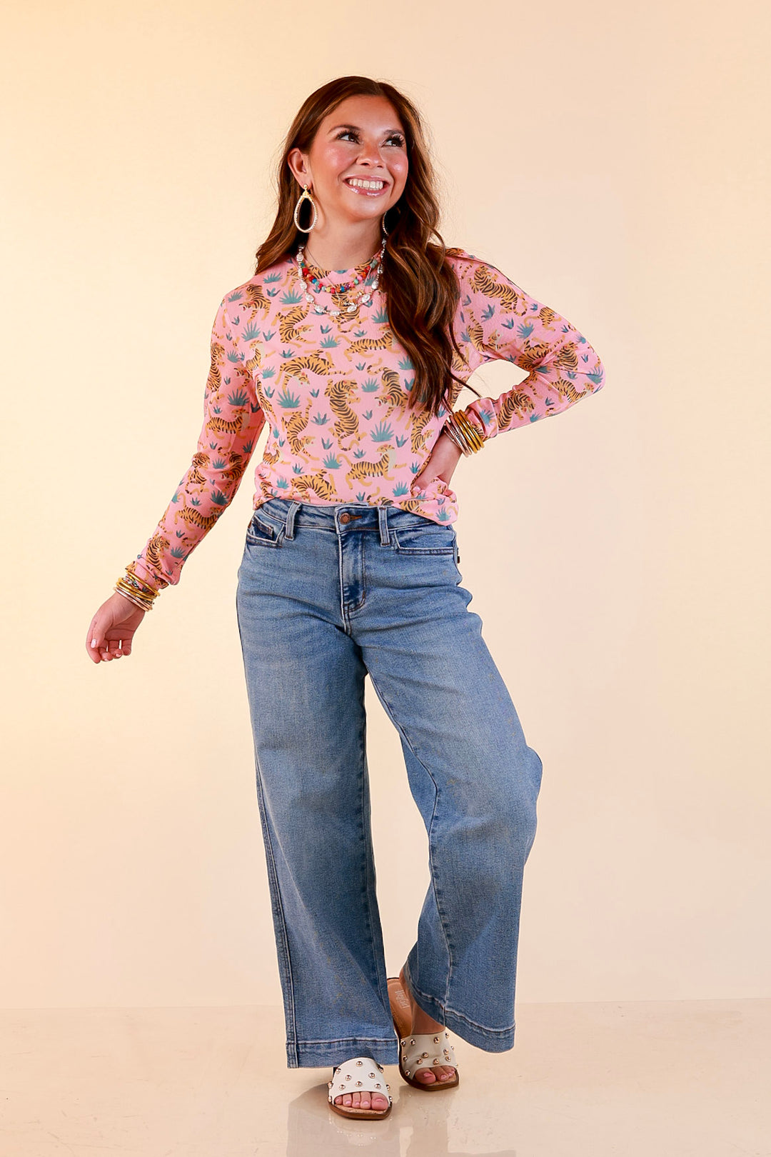 Western Dream Tiger and Floral Print Mesh Long Sleeve Top in Pink