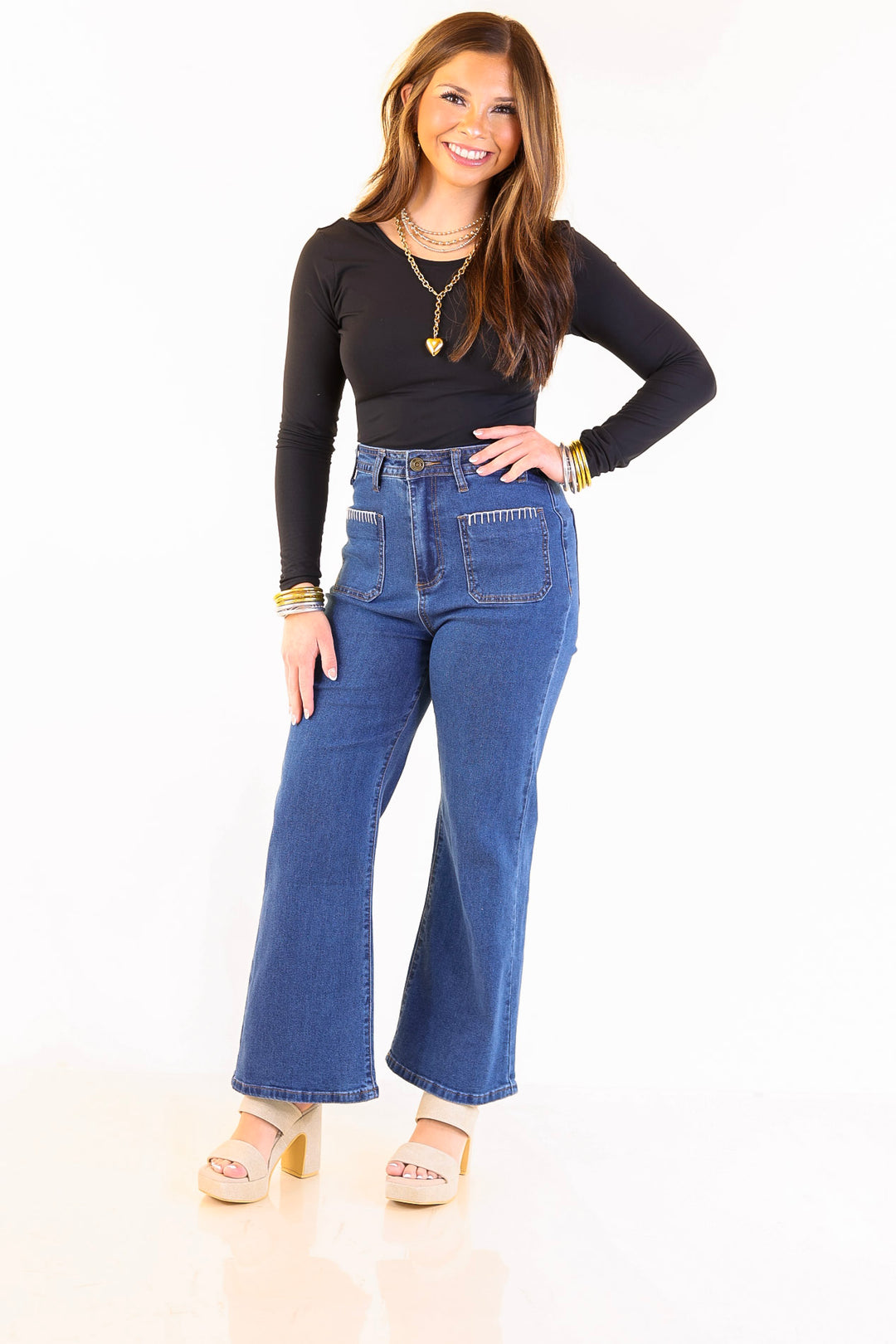 Patch Me In Denim Wide Leg Cropped Jean with Front Patch Pocket and Crochet Trim in Dark Wash
