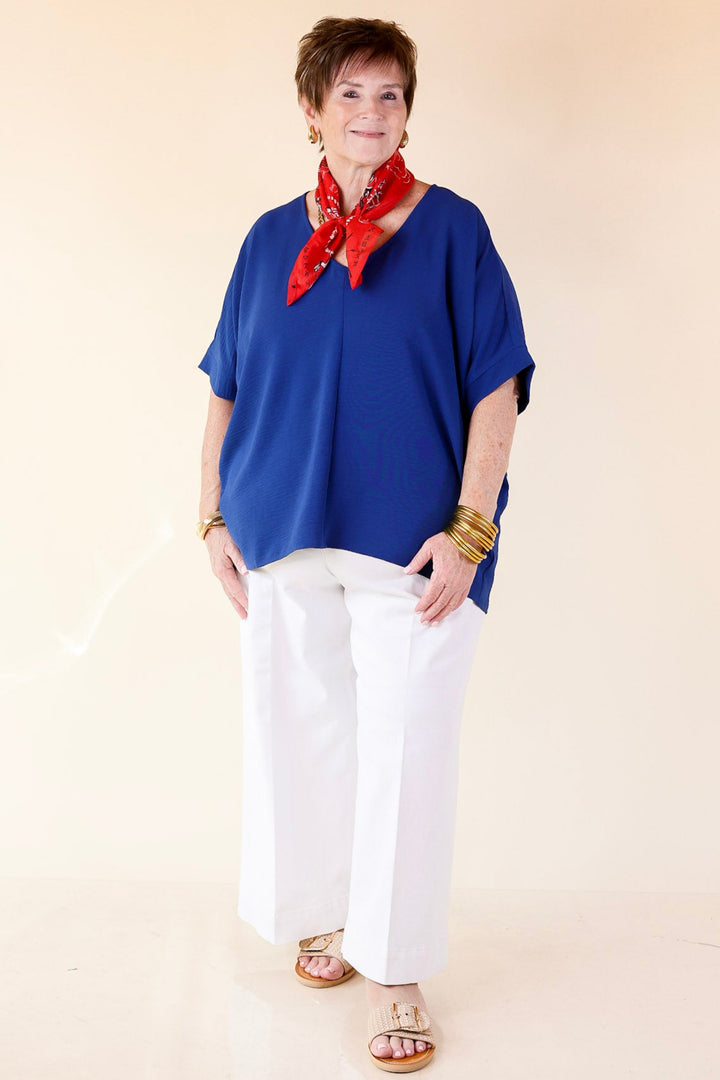 Classically Chic Short Sleeve V Neck Top in Navy