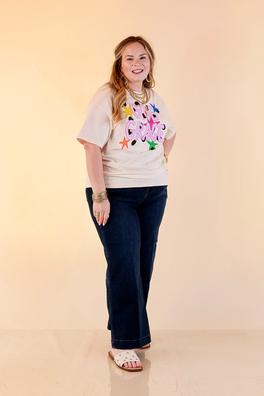 Grace Upon Grace "Give Grace" Distressed Polka Dot and Star Print Short Sleeve Graphic Tee in Natural
