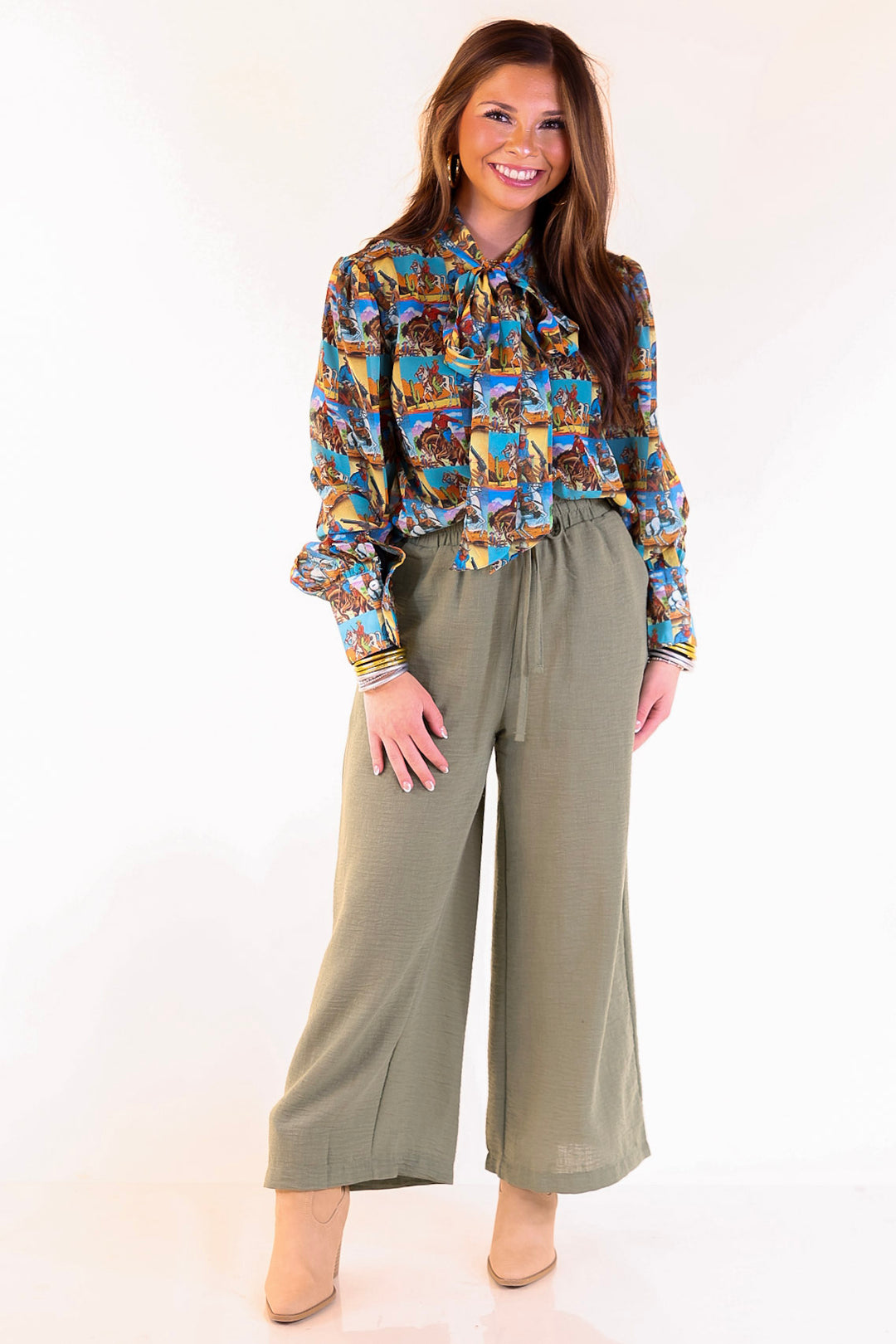 On Repeat Cropped Drawstring Woven Pants in Olive Green