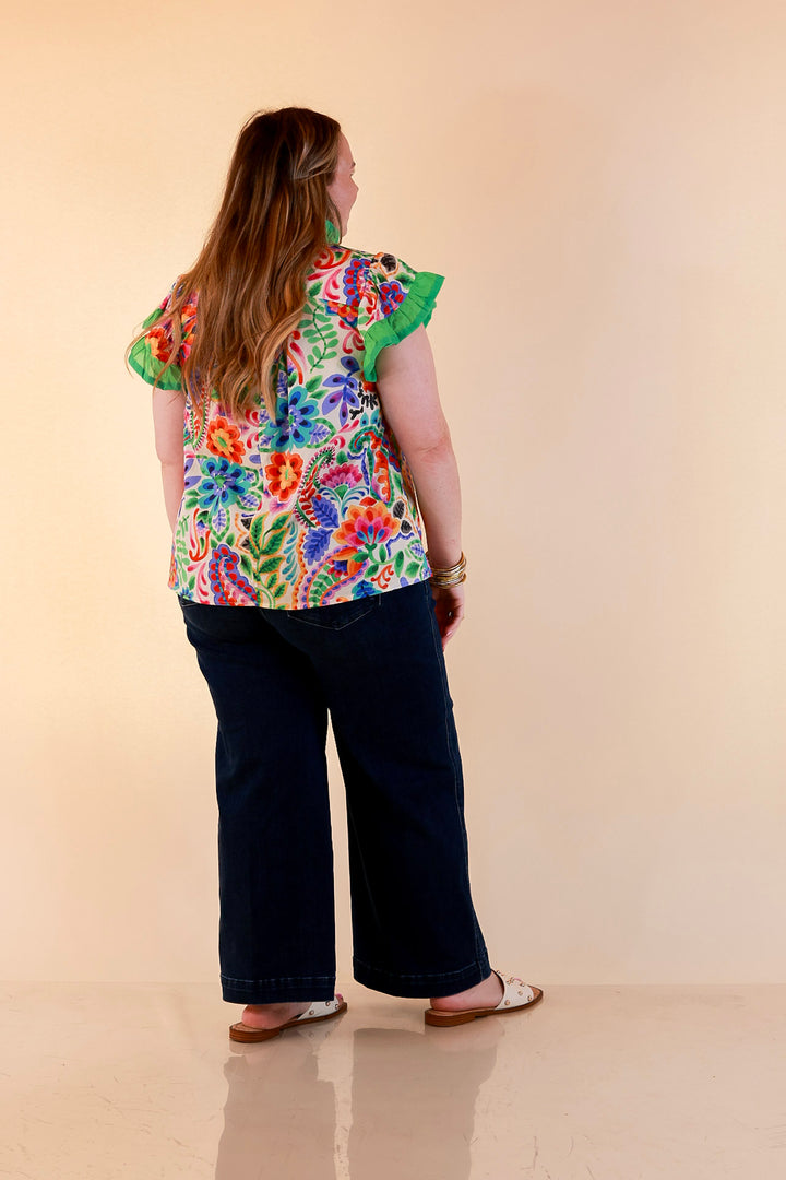 Flourish and Flow Paisley Floral Print Ruffle Flutter Sleeve Top with Split Neckline in Cream