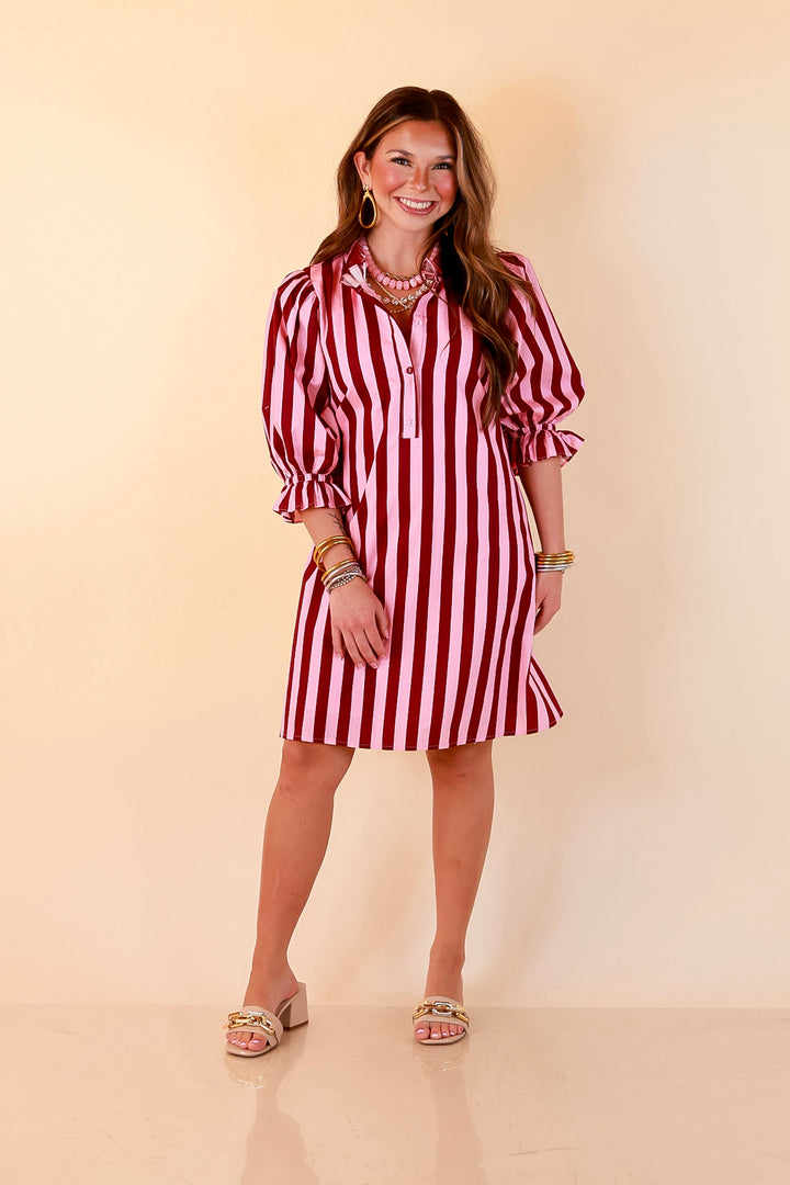 Talk of the Town Striped Ruffle Sleeve Babydoll Dress with Cinched Waist Feature in Maroon and Pink