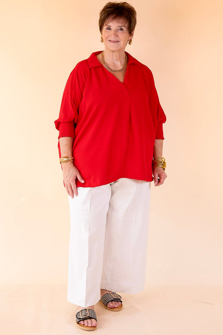 Spoken In Style Collared Blouse with Smoked Sleeve Band in Ruby