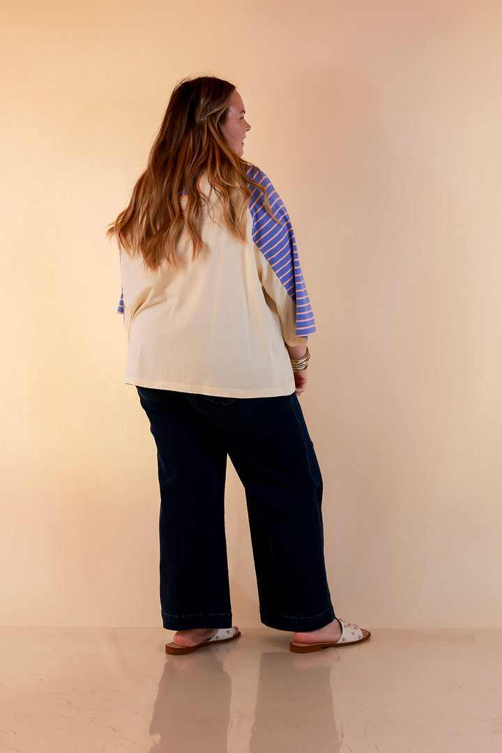 Bloom in Color Floral and Stripe Print Relaxed Short Sleeve Top with Contrast Sleeves in Cream