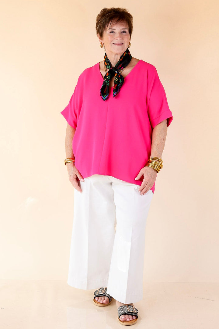 Classically Chic Short Sleeve V Neck Top in Hot Pink