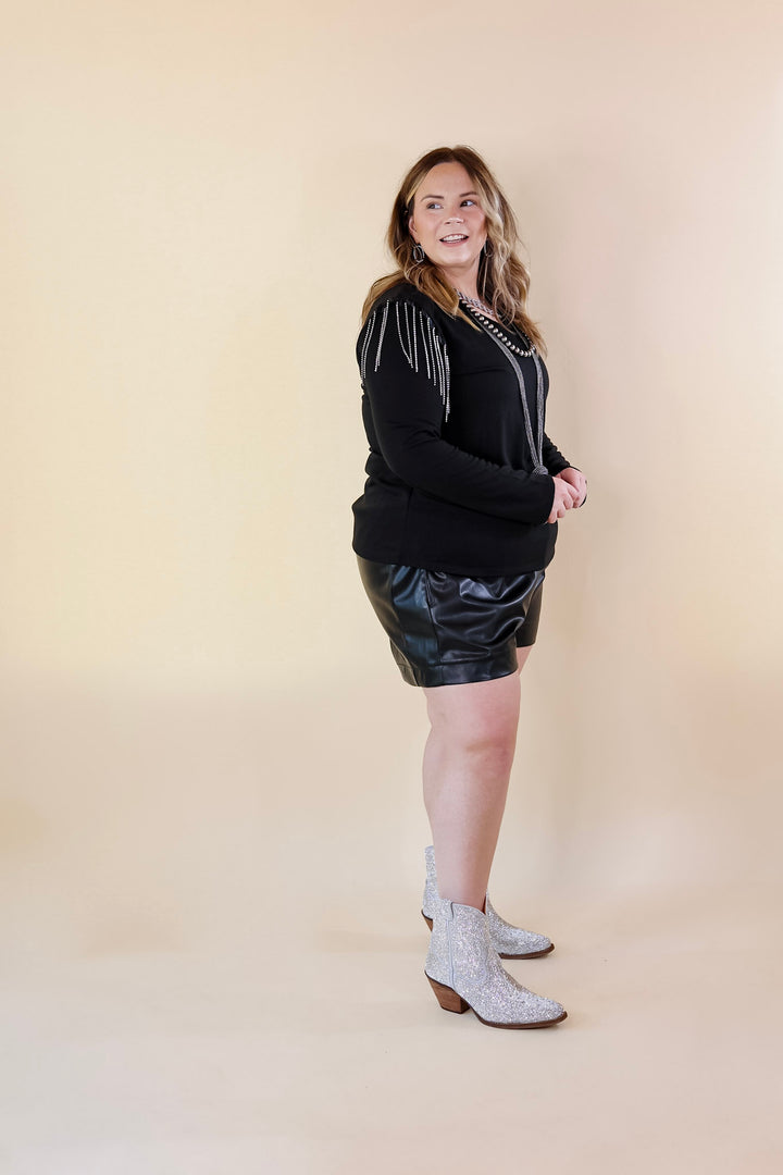 Party Dreams Long Sleeve V Neck Top with Crystal Fringe Shoulders in Black - Giddy Up Glamour Boutique