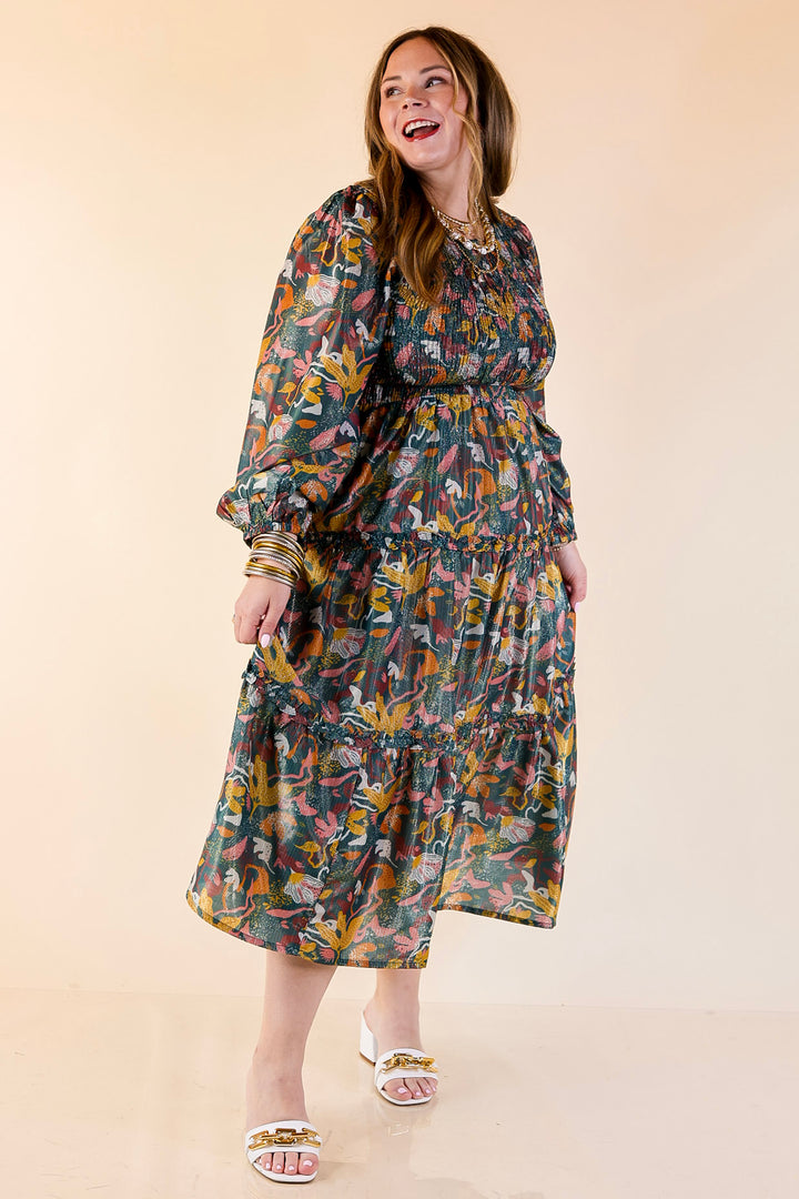 Mud Pie | Shaffer Smocked Bodice Long Sleeve Midi Dress with Tiered Skirt in Blue Mix