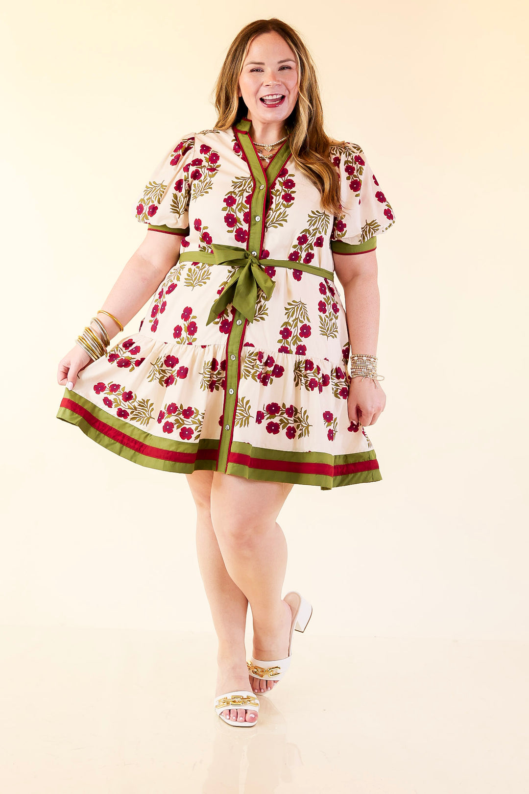 Garden Party Floral Dress with Dropped Skirt and Olive and Maroon Trim in Cream