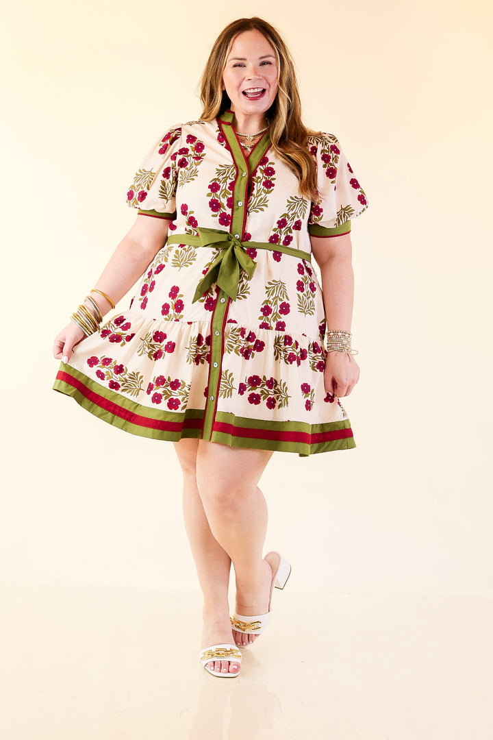 Garden Party Floral Dress with Dropped Skirt and Olive and Maroon Trim in Cream
