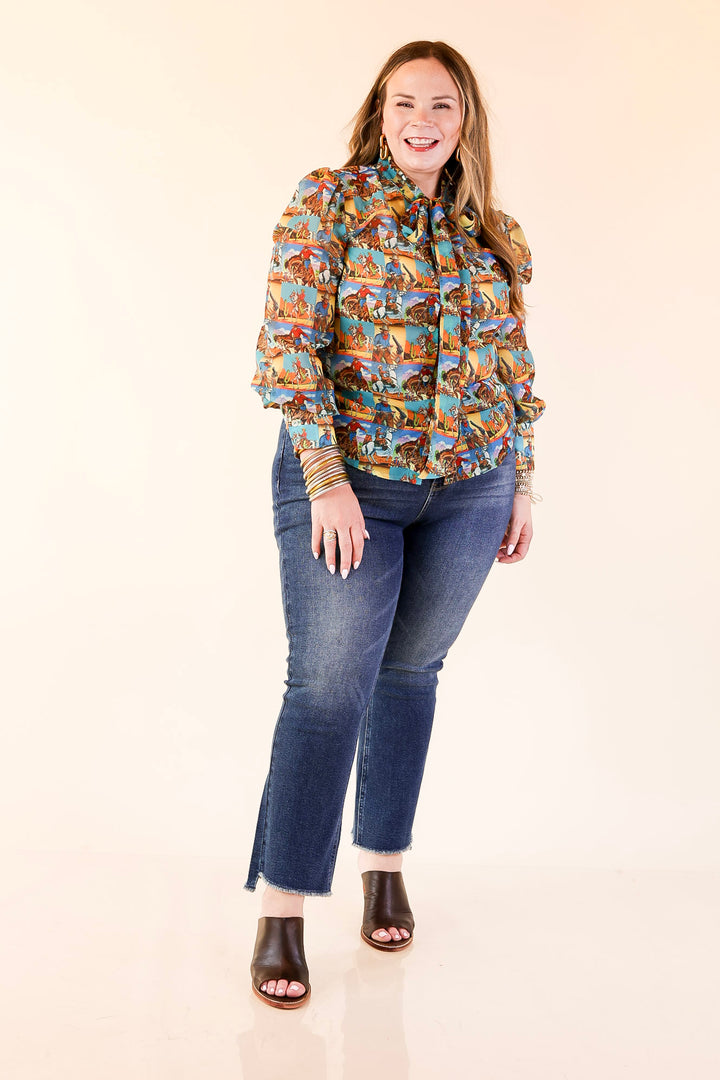 Wild at Heart Bowtie Button Up Collared Mesh Blouse Top with Cowboy Pop Art Print in Blue