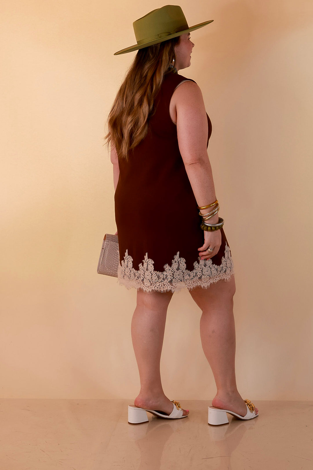Just a Little Something Sleeveless Knit Mini Dress with Lace Trim in Chocolate Brown