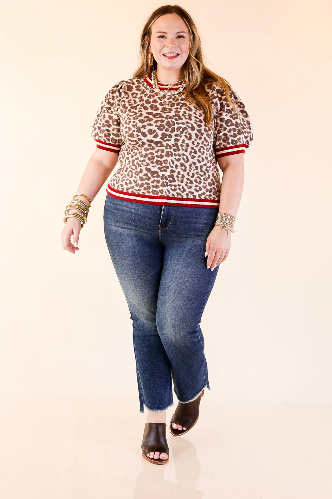 Feline Fine Leopard Print Short Sleeve Sweater with Contrast Trim in Maroon