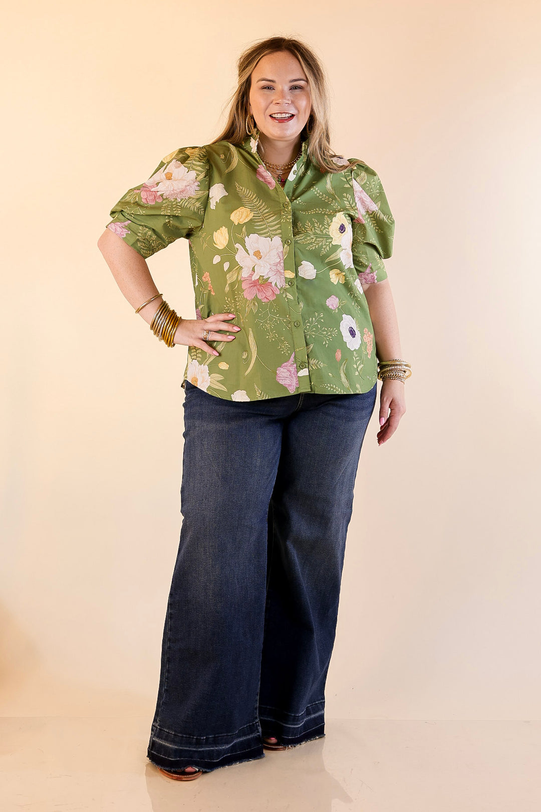 First Glance Button Up Puff Sleeve Floral Print Top in Olive Green