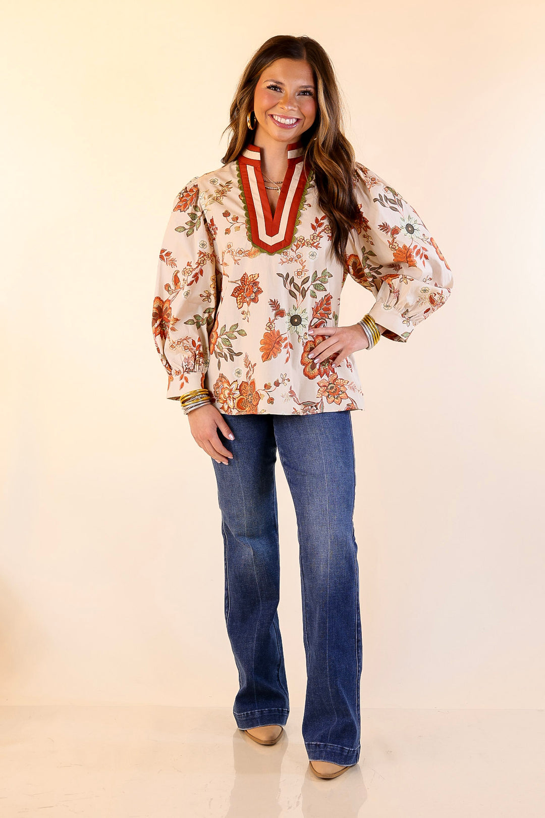 Autumn Allure Floral Long Sleeve Top with Contrast Trim in Rust Orange