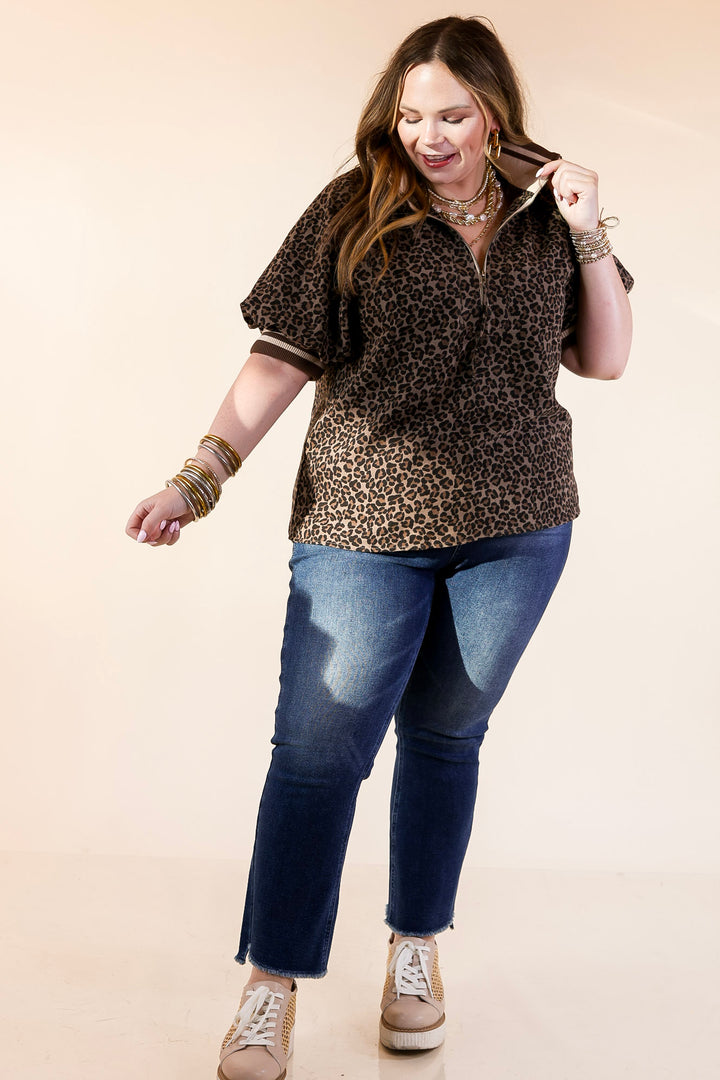 Bold Instincts Leopard Print Half Zip Top with Puff Sleeves in Brown and Cream