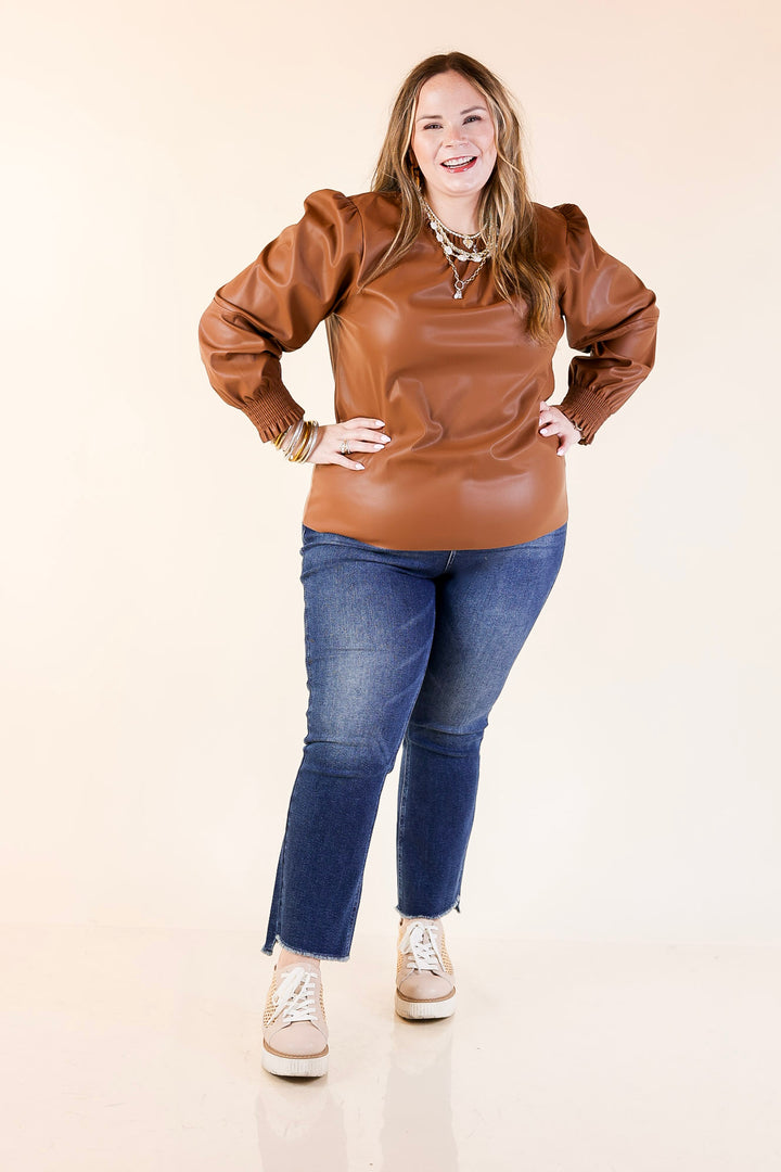 Mud Pie | Putnam Faux Leather Long Sleeve Top with Smocked Cuffs in Tan Brown