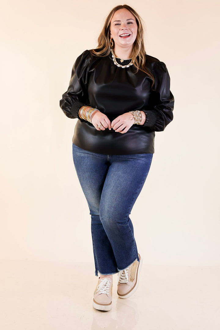Mud Pie | Putnam Faux Leather Long Sleeve Top with Smocked Cuffs in Black