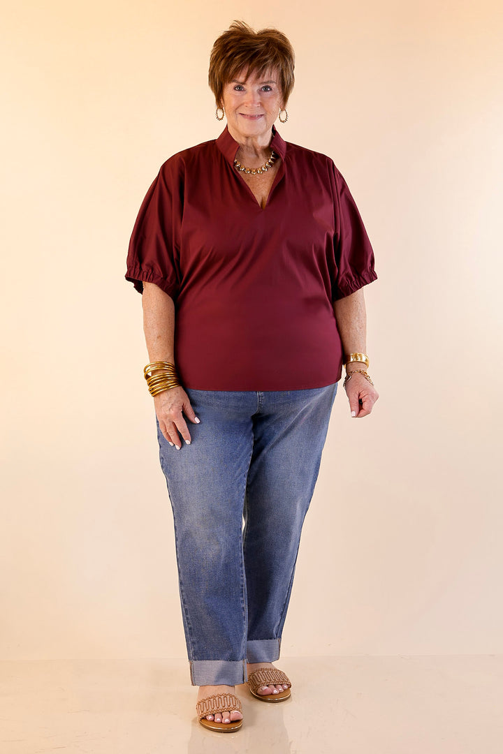 Elevated Basic V-Neck Blouse With Drop Shoulder in Maroon