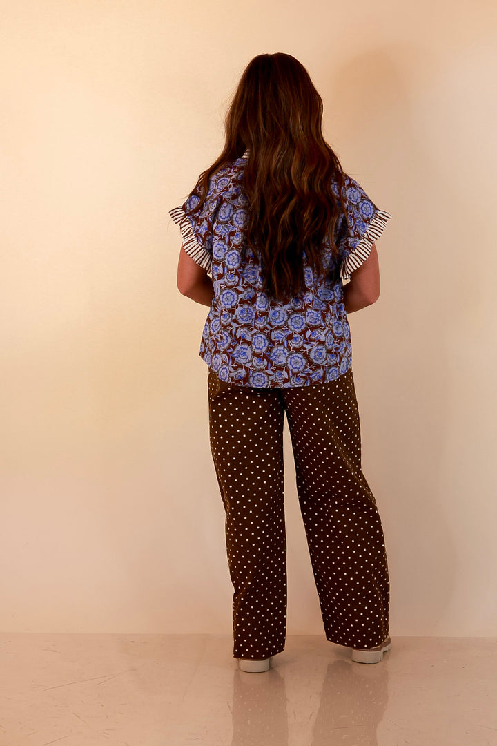 Effortless Grace Floral Print Flutter Stripe Sleeve and Ruffle Collar Detailing Blouse in Brown and Periwinkle Blue