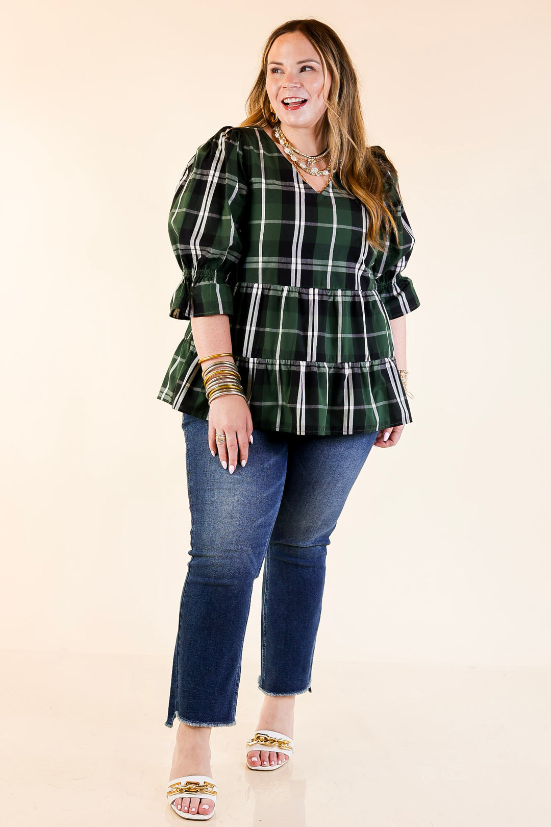 Mud Pie | Ashford Plaid Babydoll Top with Ruffle Hem and 3/4 Balloon Sleeves in Green