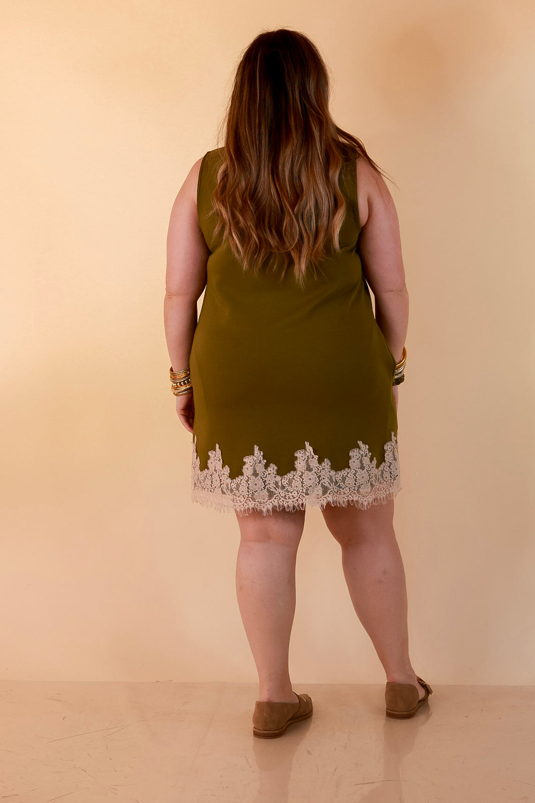 Just a Little Something Sleeveless Knit Mini Dress with Lace Trim in Chartreuse Olive Green