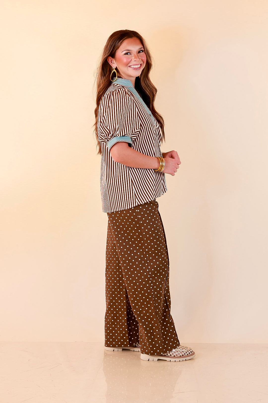 Pop of Polish Short Puff Sleeve Button Front Top with Contrast Trim in White, Chocolate Brown and Blue