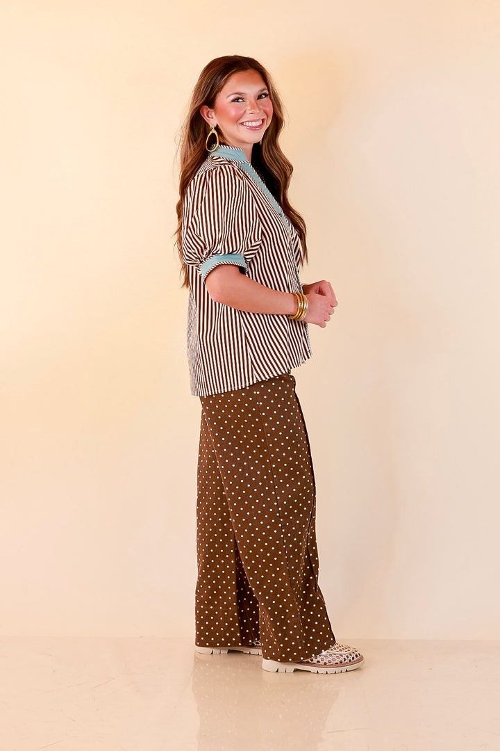 Pop of Polish Short Puff Sleeve Button Front Top with Contrast Trim in White, Chocolate Brown and Blue