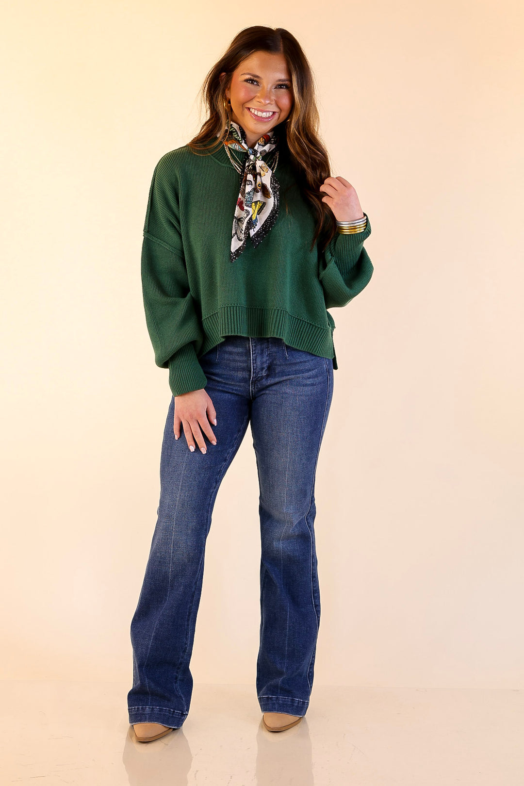Fireside Fit Cropped Long Sleeve Mock Neck Sweater in Forest Green