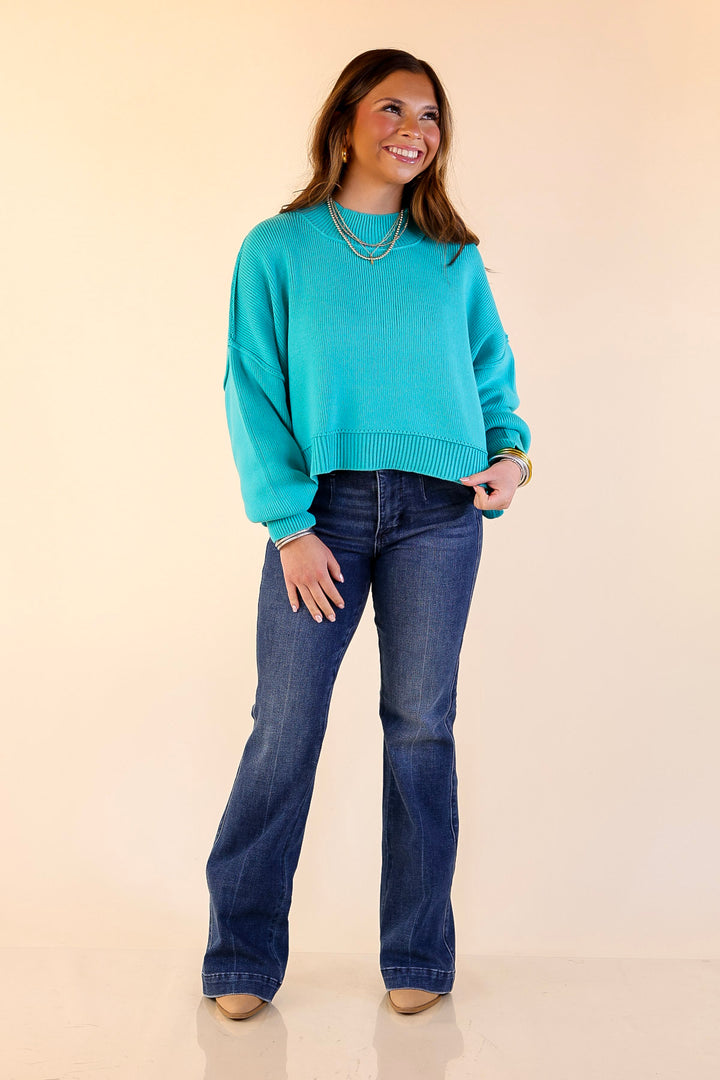 Fireside Fit Cropped Long Sleeve Mock Neck Sweater in Turquoise Blue