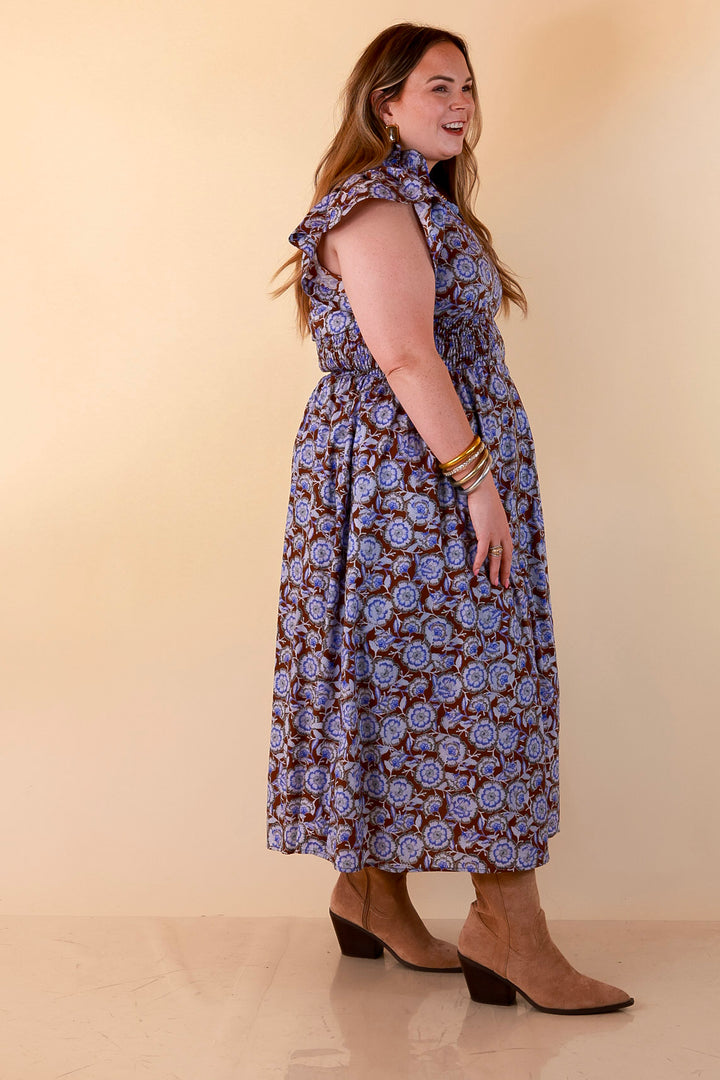 Modern Grace Zip Front Midi Floral Print Dress with Smocked Waist and Short Flutter Sleeves in Brown and Periwinkle Blue