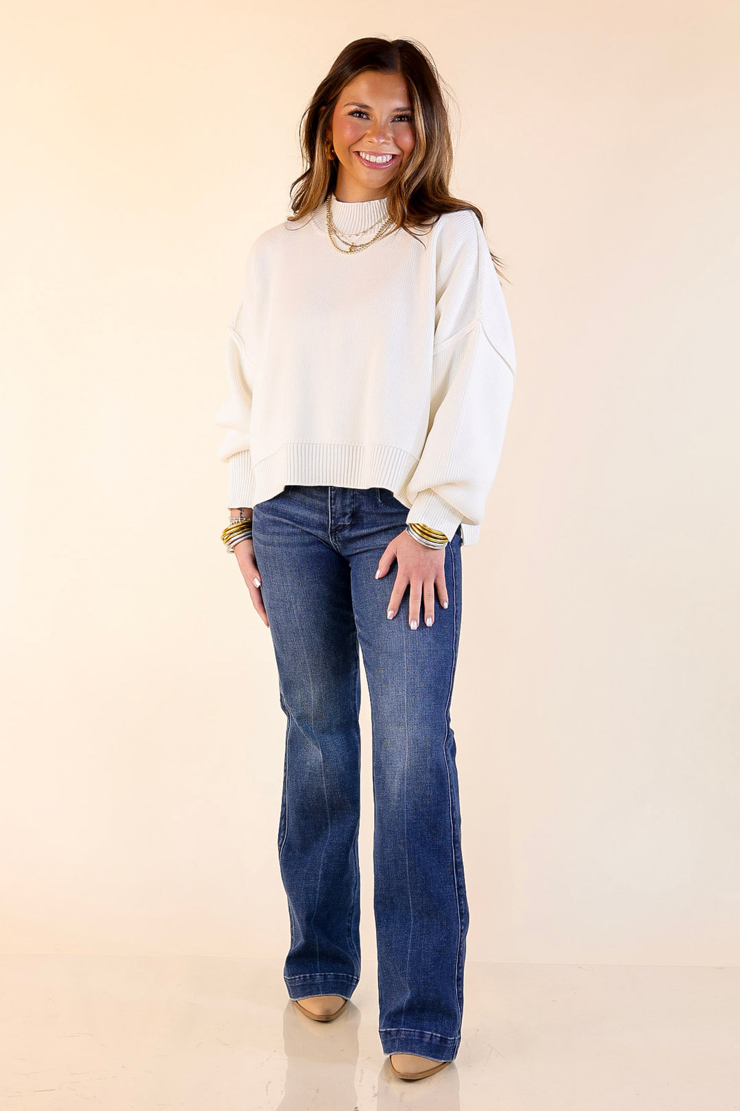 Fireside Fit Cropped Long Sleeve Mock Neck Sweater in Ivory