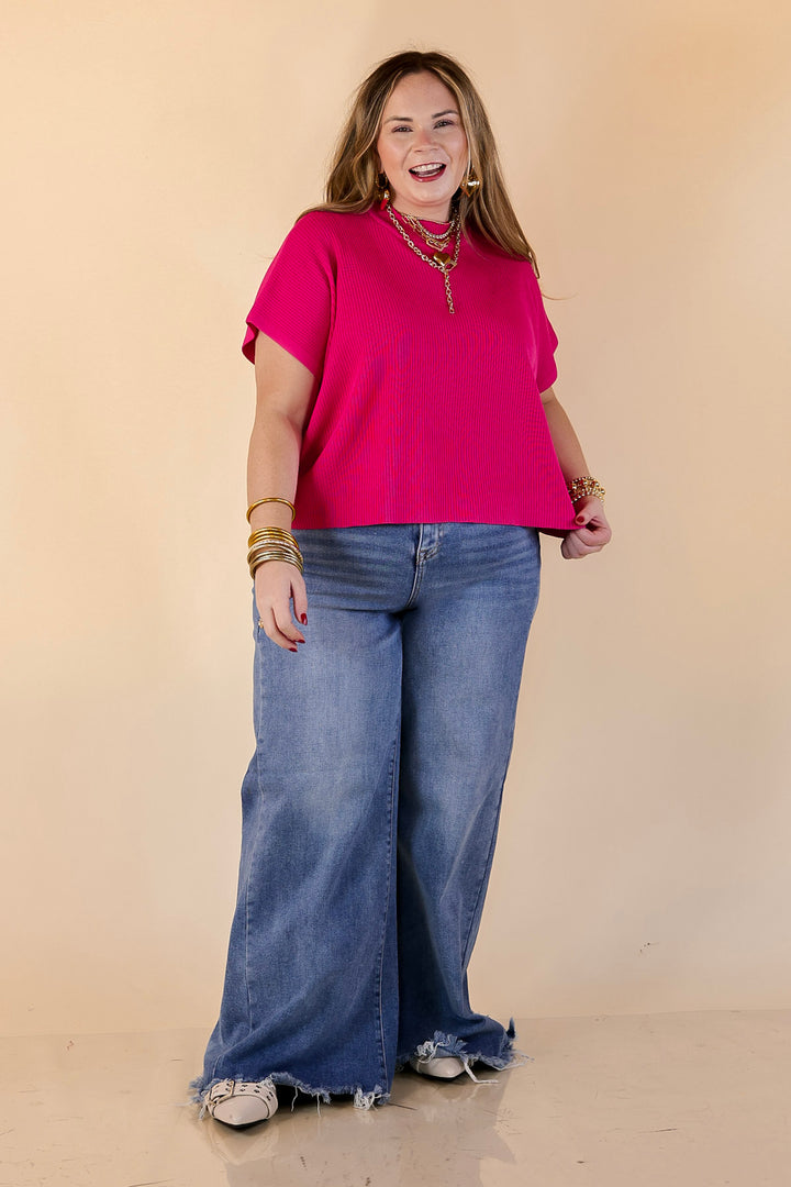 Never Out of Style Short Sleeve Mock Neck Top in Hot Pink